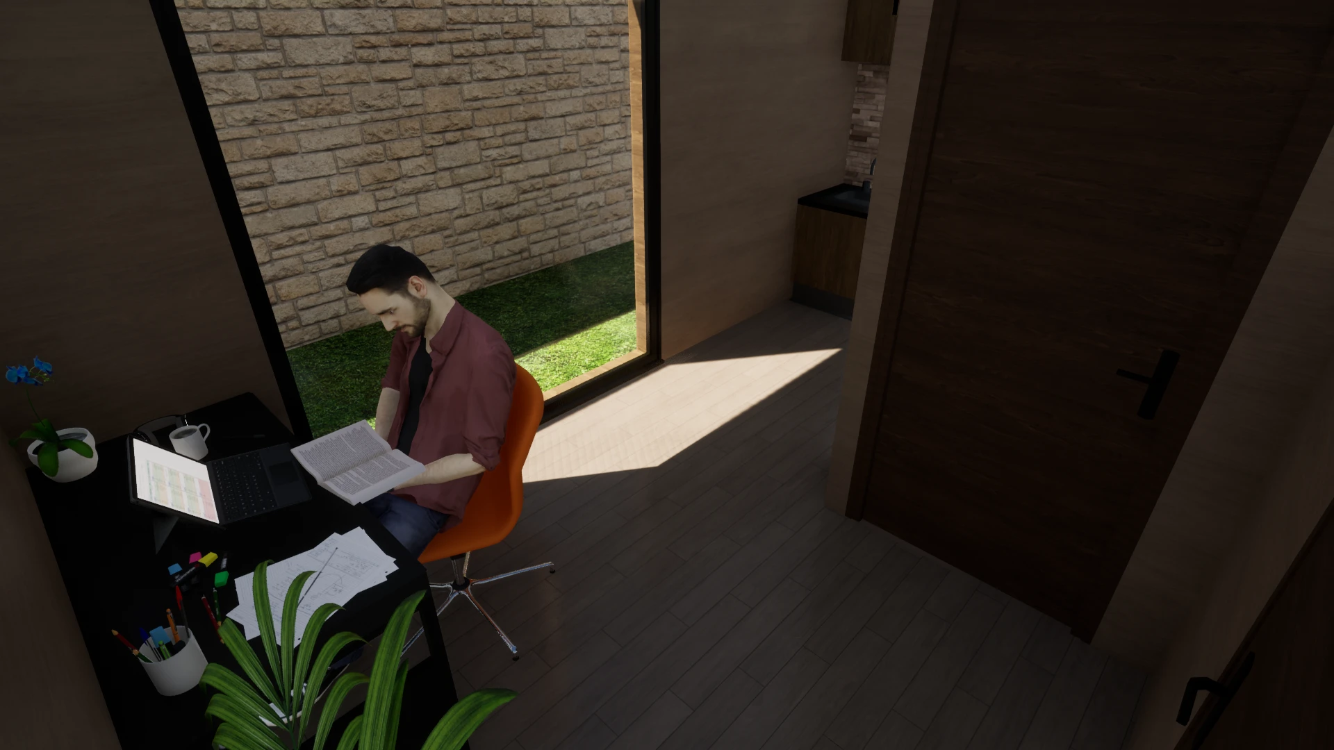 Personne en télétravail à son bureau, dans un module de jardin en bois