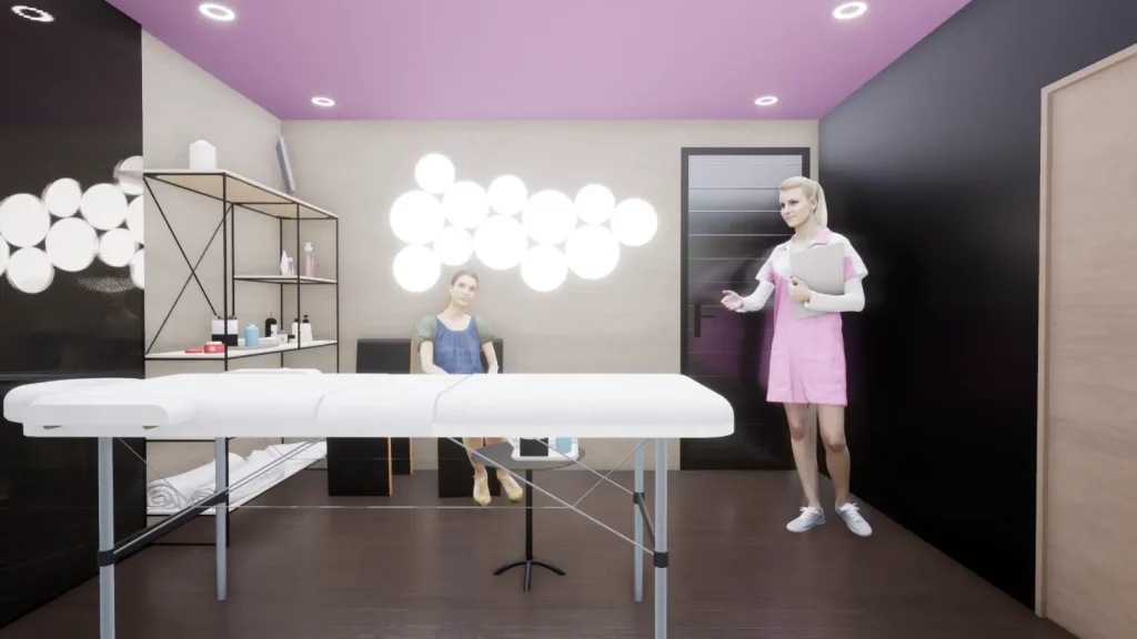 Espace de soin lumineux avec table de massage et rangements dans un module de jardin