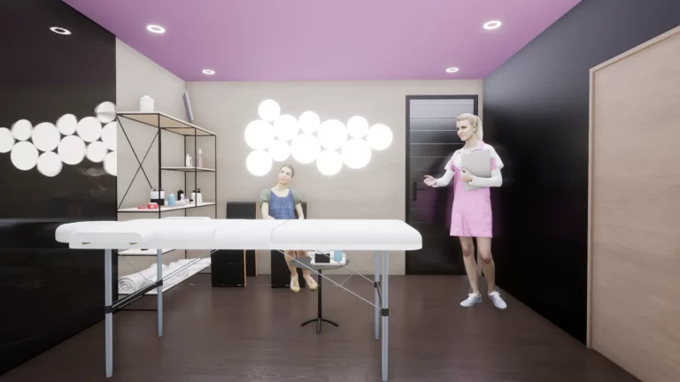 Espace de soin aménagé dans un module en bois, avec rangements muraux