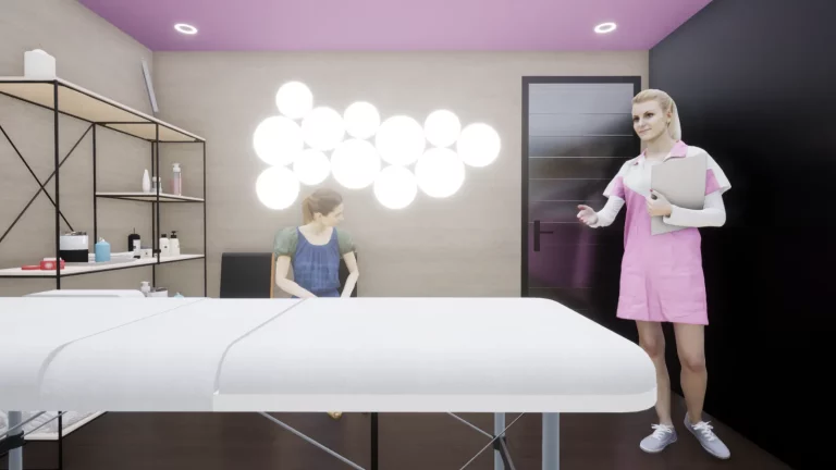 Cabinet esthétique aménagé dans un module en bois, avec table de soin et éclairage décoratif