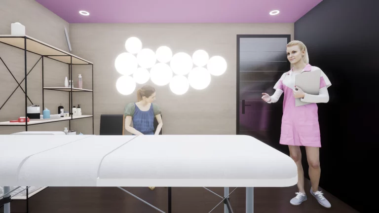 Cabinet esthétique aménagé dans un module en bois, avec table de soin et éclairage décoratif