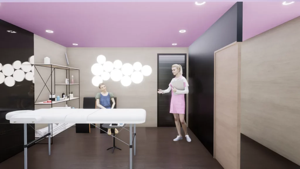 Cabinet esthétique de jardin avec table de soin et suspension lumineuse