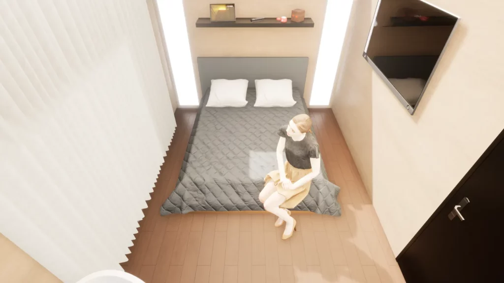 Chambre aménagée dans un module en bois, lit face à la baie vitrée