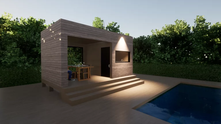 Espace détente en bois avec pergola, au bord d'une piscine