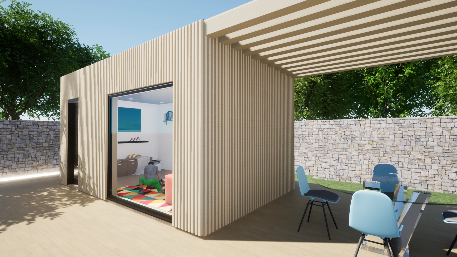 Espace détente à bardage clair prolongé par une pergola