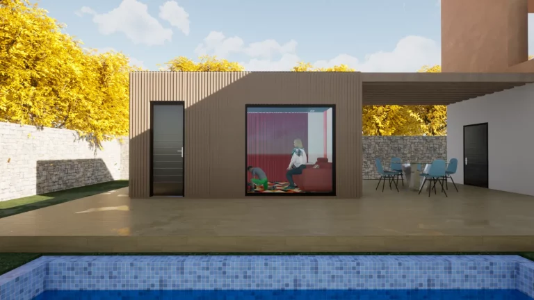 Maison de jardin en bardage bois avec terrasse, entourée d'arbres aux couleurs d'automne