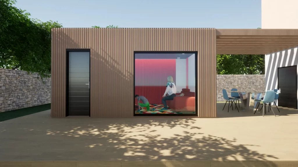 Maison de jardin en bardage bois avec terrasse et salon extérieur