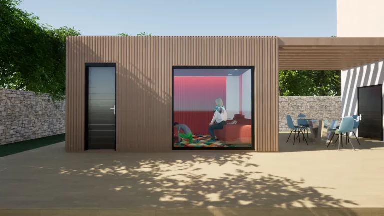 Maison de jardin en bardage bois avec terrasse et salon extérieur