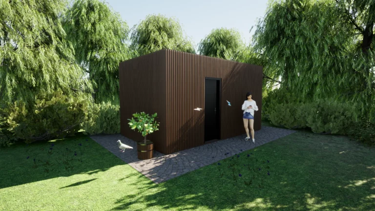 Maison de jardin en bois posée sur une pelouse, au milieu de la végétation