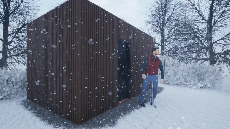 Module en bois au bardage sombre dans un jardin enneigé