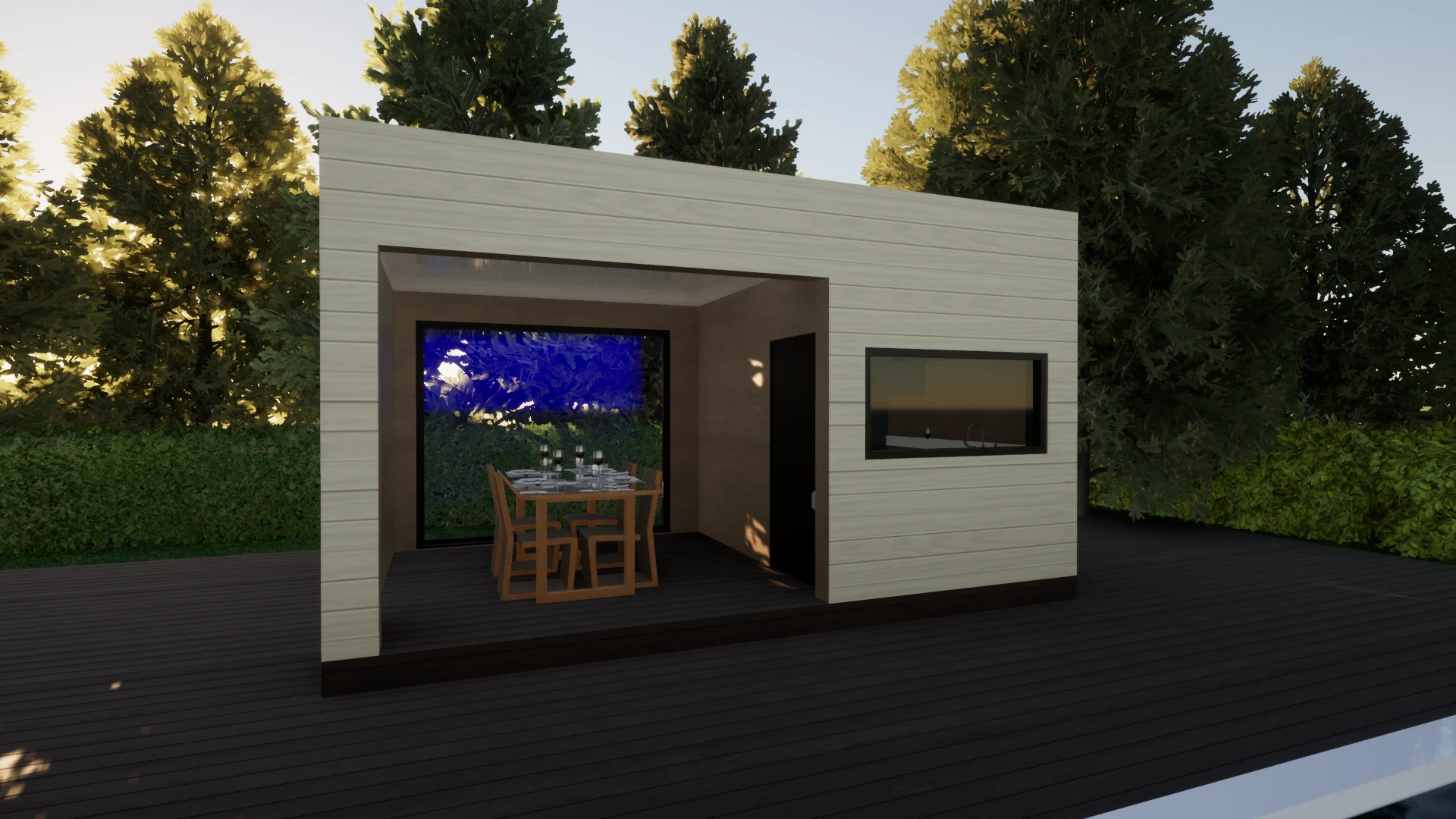 Module de jardin à bardage clair, intérieur éclairé derrière une large baie vitrée