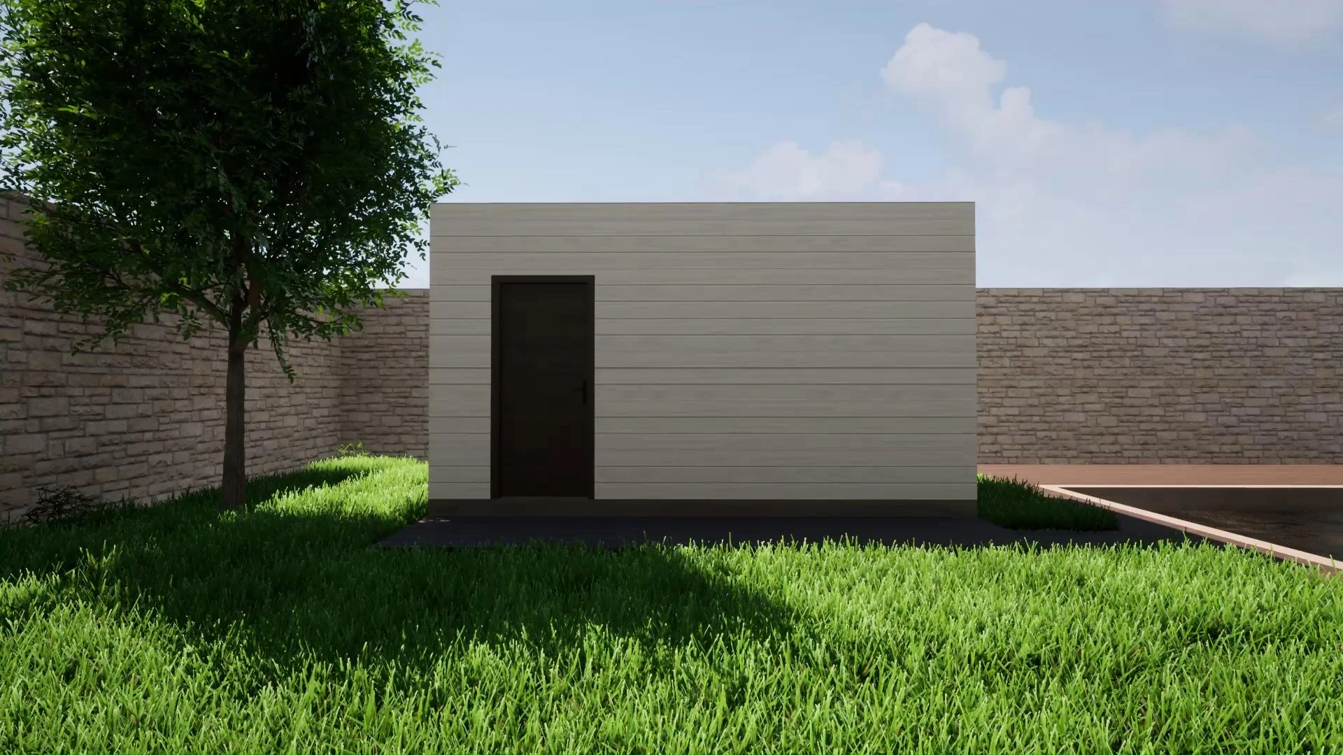 Module de jardin contemporain à toit plat, enduit clair et grande baie vitrée