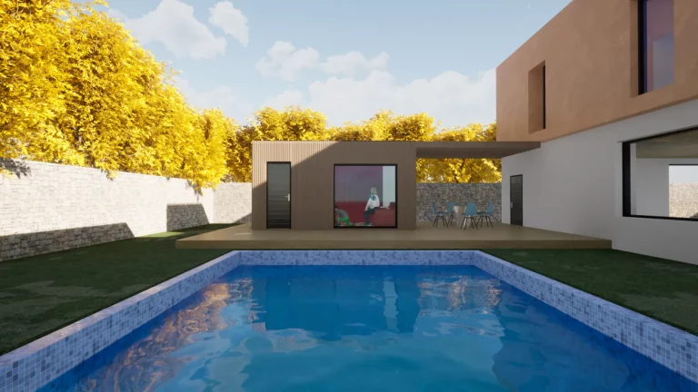 Pool house en bois et piscine dans le jardin d'une maison contemporaine