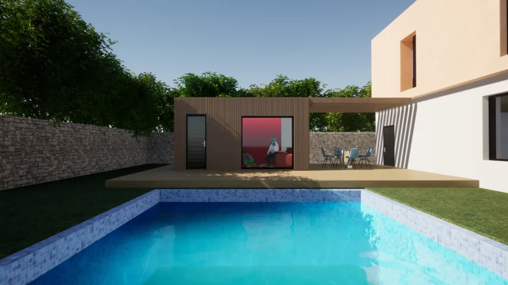 Pool house en bardage bois avec baie vitrée, face à une piscine