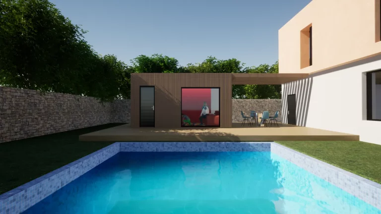 Pool house en bardage bois avec baie vitrée, face à une piscine