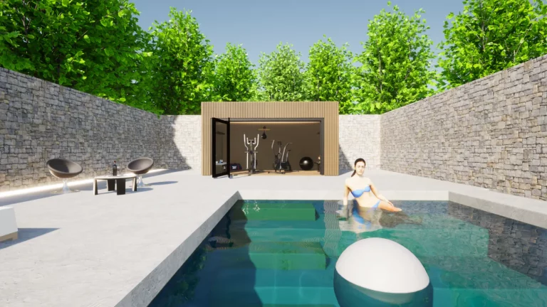 Pool house en bois vu depuis la piscine