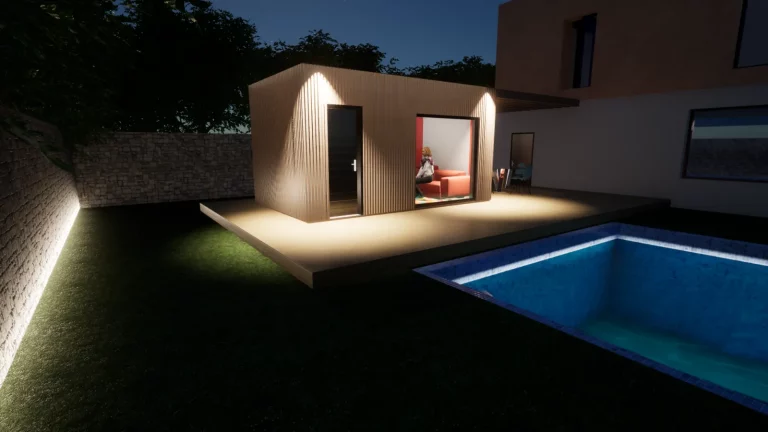 Pool house et piscine éclairés de nuit