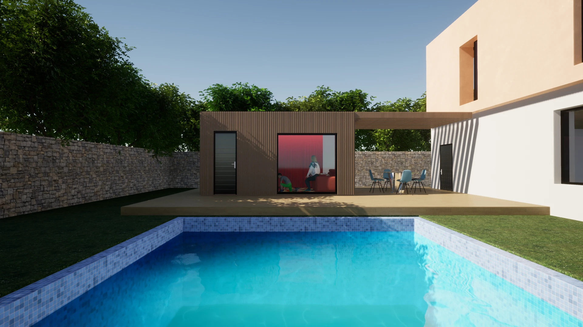 Pool house en bois avec terrasse donnant sur la piscine