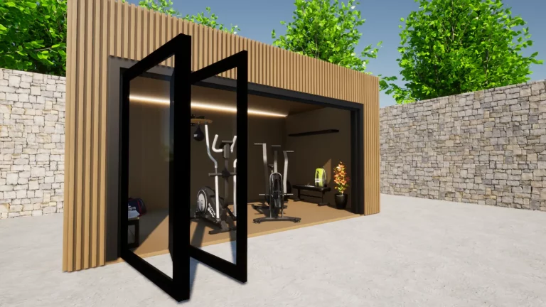 Salle de sport de jardin à bardage bois vertical et grandes portes vitrées
