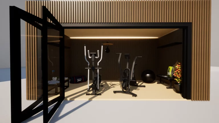 Salle de sport de jardin en bois avec appareils de cardio derrière une grande baie vitrée