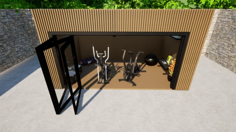Appareils de cardio-training dans une salle de sport de jardin en bois