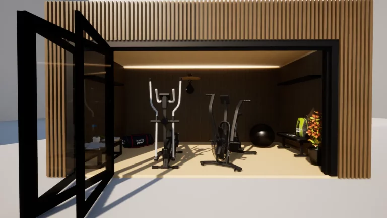 Salle de sport de jardin en bois, portes vitrées ouvertes sur les appareils