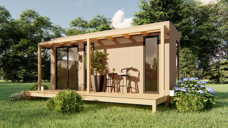 Studio de jardin en bois avec terrasse couverte et grandes baies vitrées
