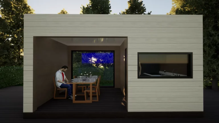 Studio de jardin contemporain éclairé en soirée