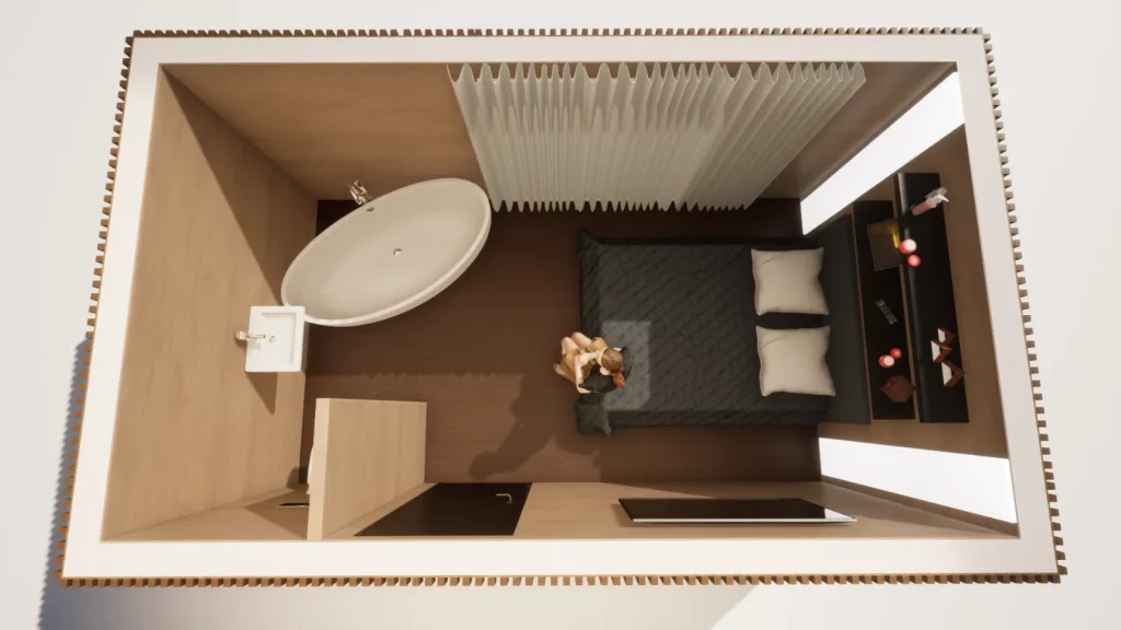 Vue en coupe d'un studio de jardin aménagé avec lit, coin salon et salle d'eau