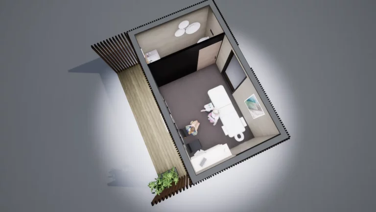 Vue en coupe d'un studio de jardin avec chambre et salle d'eau